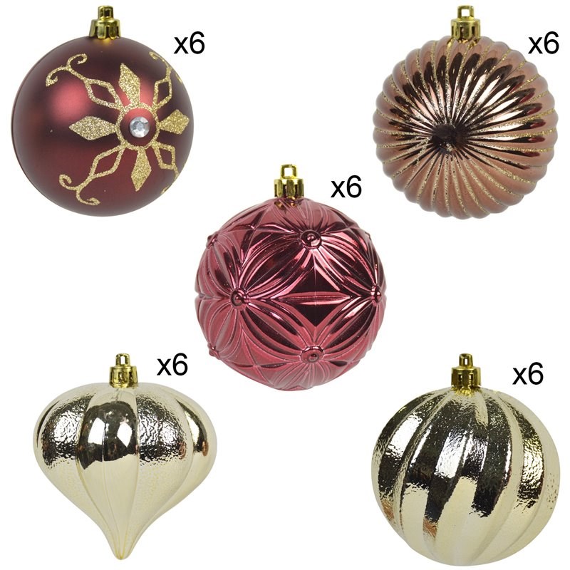 Jeco 30 Piece Shatterproof Plastic Christmas Ornament Set in Brown/  Gold/  Red