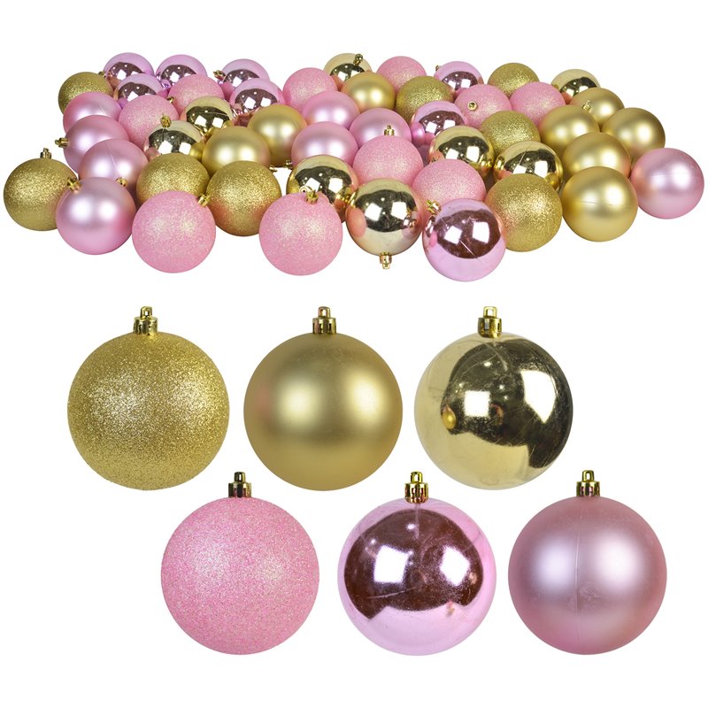 Jeco 50 Piece Shatterproof Plastic Christmas Ornament Set in Pink and Gold