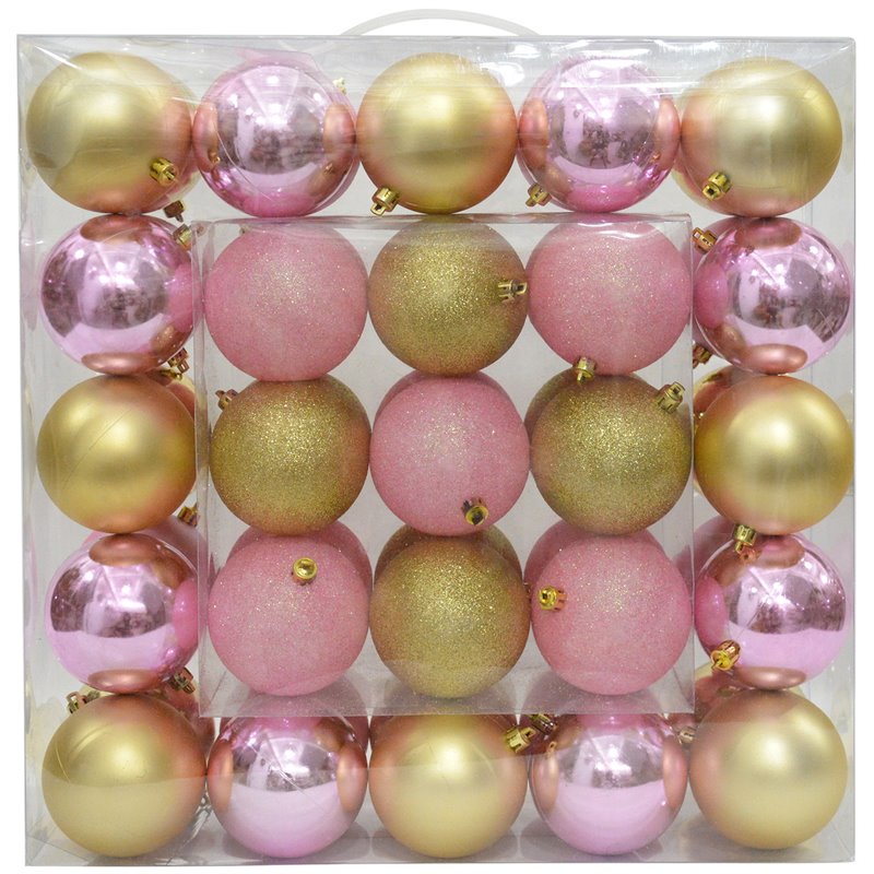 Jeco 50 Piece Shatterproof Plastic Christmas Ornament Set in Pink and Gold