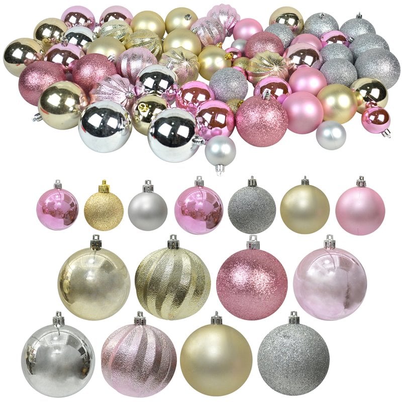 Jeco 57 Piece Shatterproof Plastic Christmas Ornament Set in Gold/ Pink/ Silver
