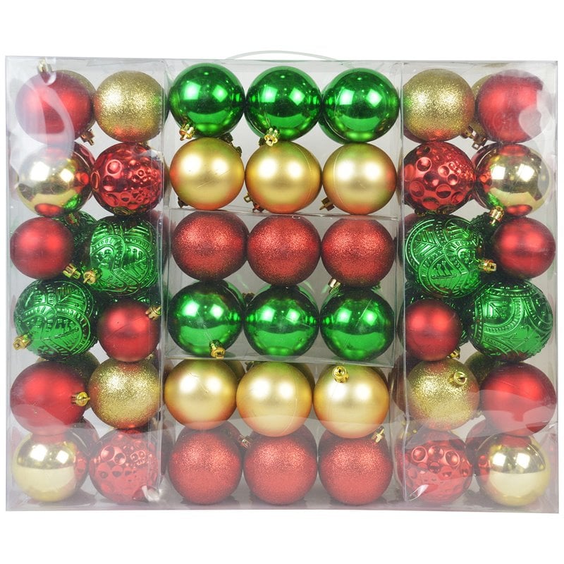 Jeco 84 Piece Shatterproof Plastic Christmas Ornament Set in Red/ Green/ Gold
