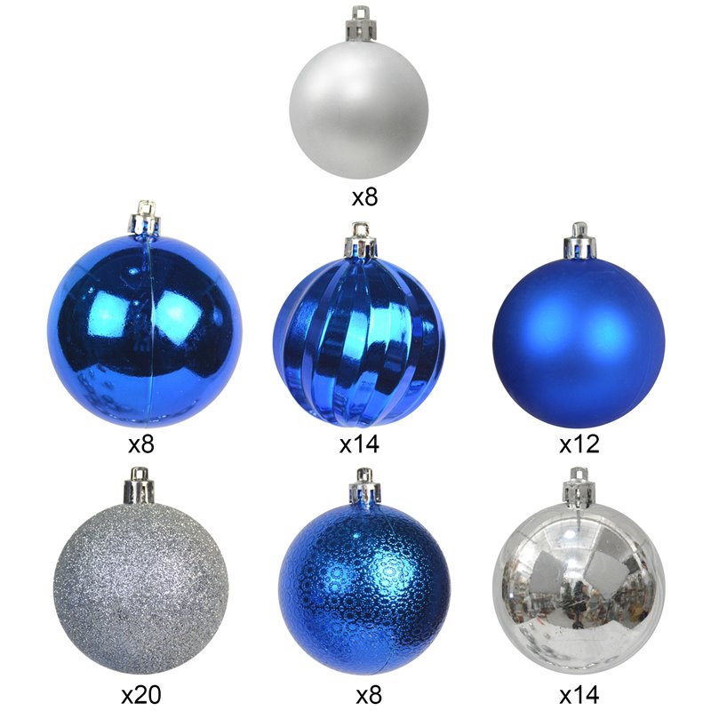 Jeco 84 Piece Shatterproof Plastic Christmas Ornament Set in Blue and Silver