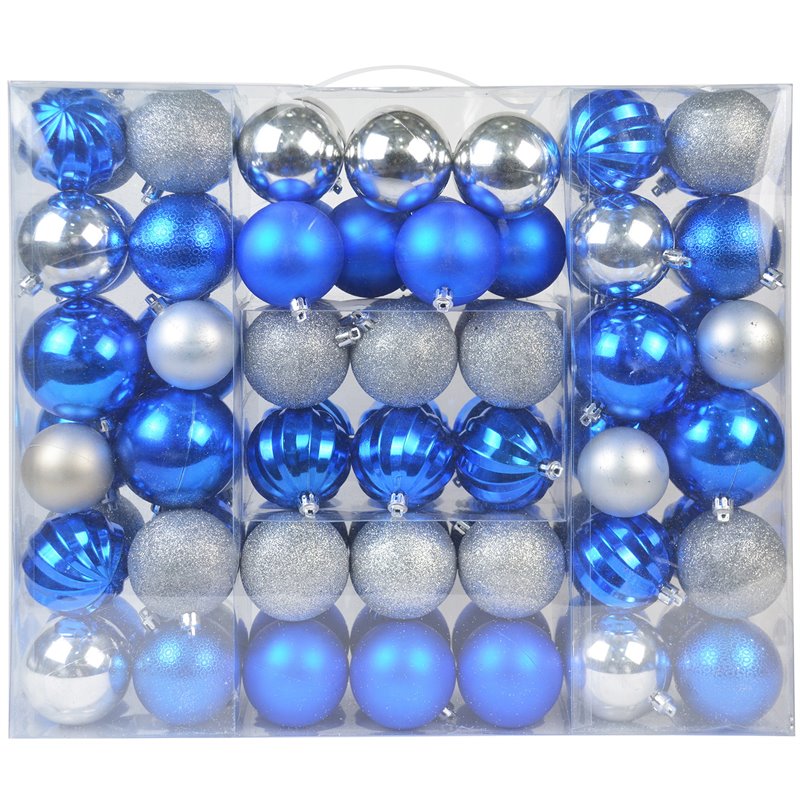 Jeco 84 Piece Shatterproof Plastic Christmas Ornament Set in Blue and Silver