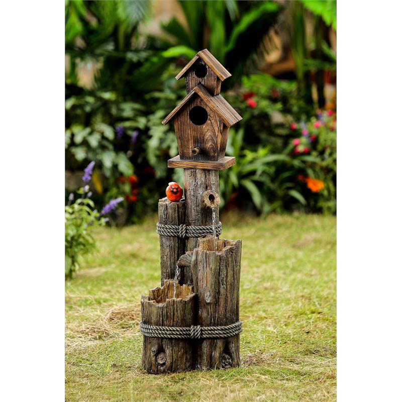 Tiered Wood Finish Water Fountain with Birdhouse