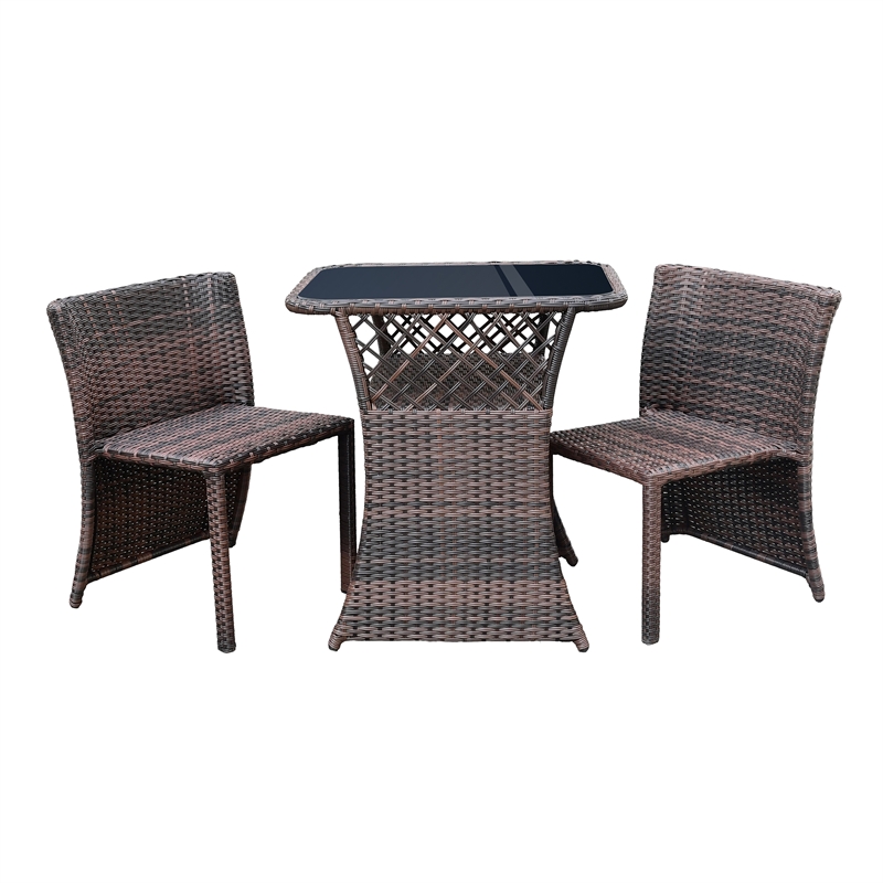 3Pc Wicker Chair And Table Bistro Set Brown With Turquoise Cushion