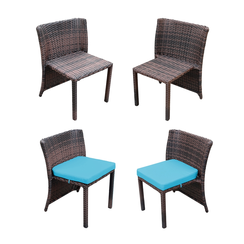 3Pc Wicker Chair And Table Bistro Set Brown With Turquoise Cushion