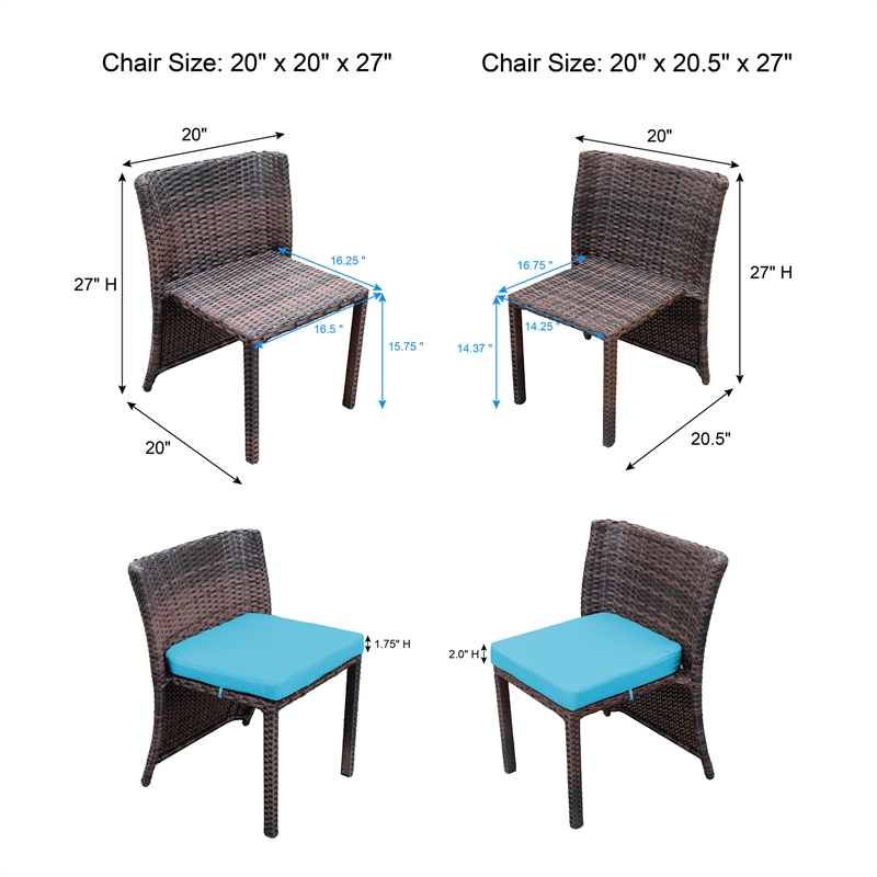 3Pc Wicker Chair And Table Bistro Set Brown With Turquoise Cushion