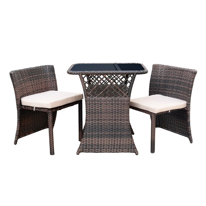 3Pc Wicker Chair And Table Bistro Set Brown With Ivory Cushion