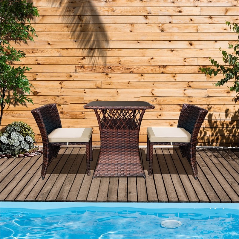 3Pc Wicker Chair And Table Bistro Set Brown With Ivory Cushion