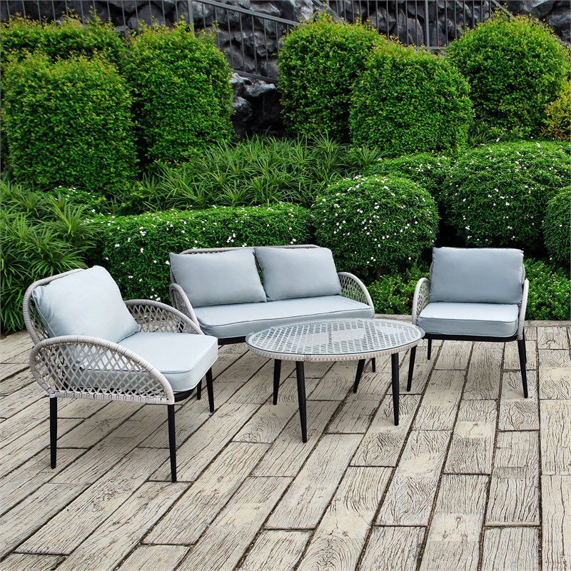 4Pc Rope Wicker Seating Set Grey With Coffee Table and Cushions