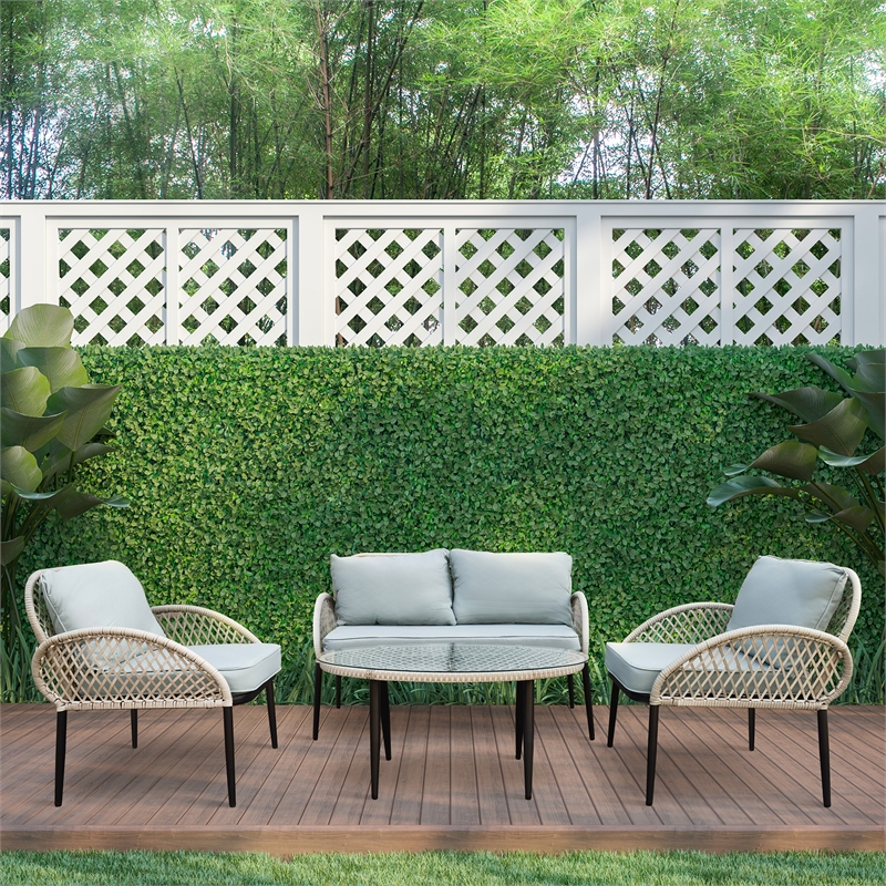 4Pc Rope Wicker Seating Set Grey With Coffee Table and Cushions