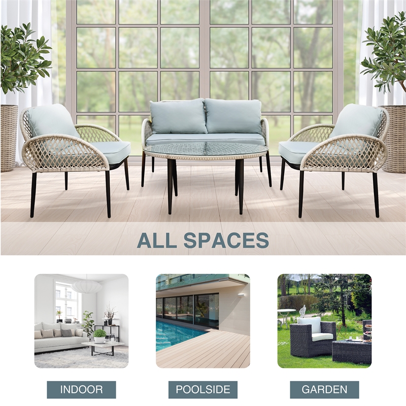 4Pc Rope Wicker Seating Set Grey With Coffee Table and Cushions