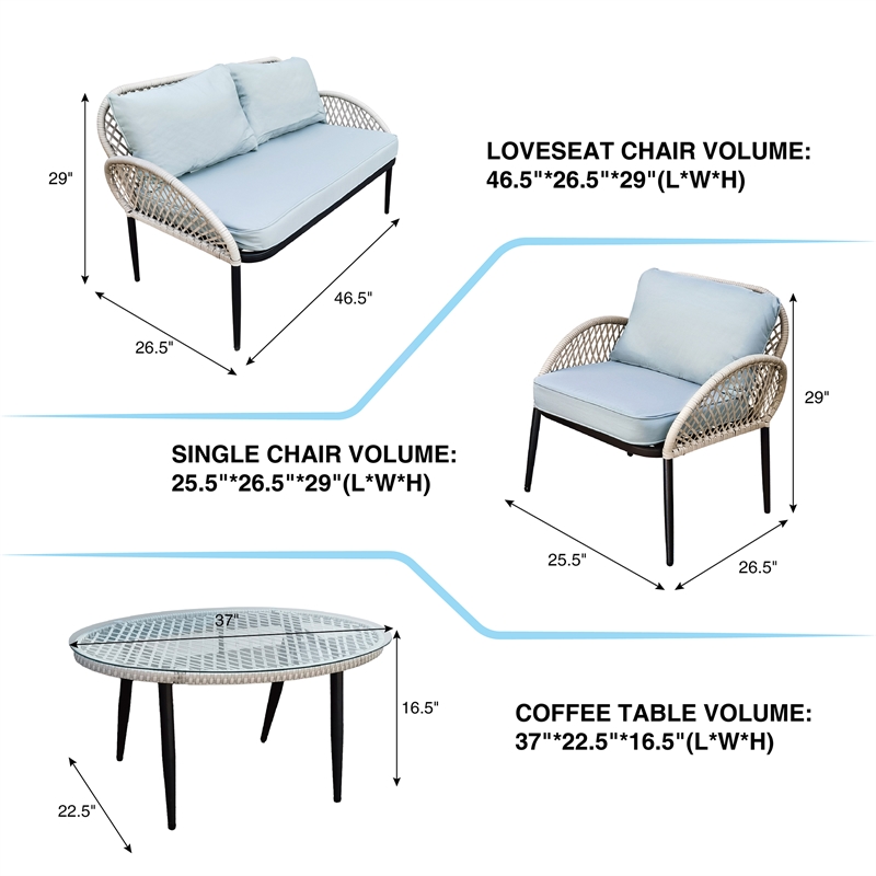 4Pc Rope Wicker Seating Set Grey With Coffee Table and Cushions