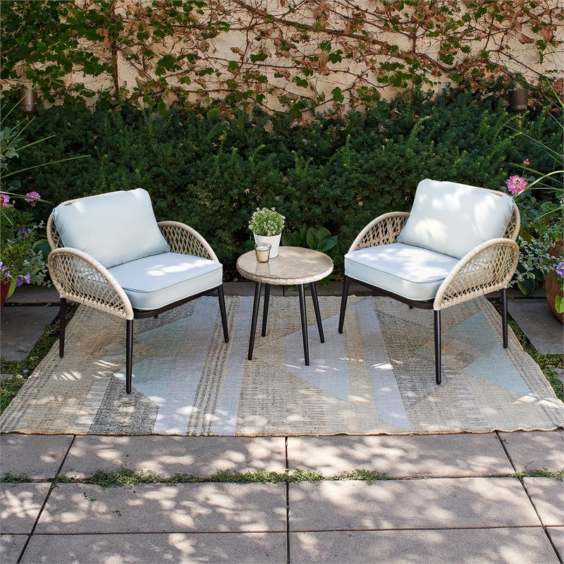 3PC Rope Wicker Chat Set Grey With Side Table And Cushions