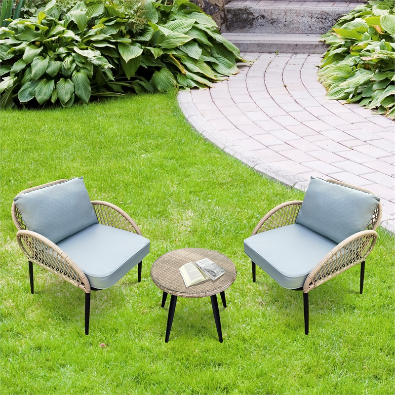 3PC Rope Wicker Chat Set Grey With Side Table And Cushions