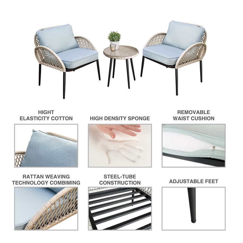 3PC Rope Wicker Chat Set Grey With Side Table And Cushions