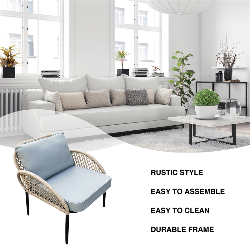 3PC Rope Wicker Chat Set Grey With Side Table And Cushions