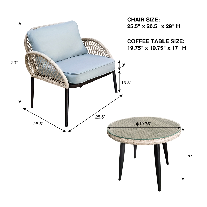 3PC Rope Wicker Chat Set Grey With Side Table And Cushions