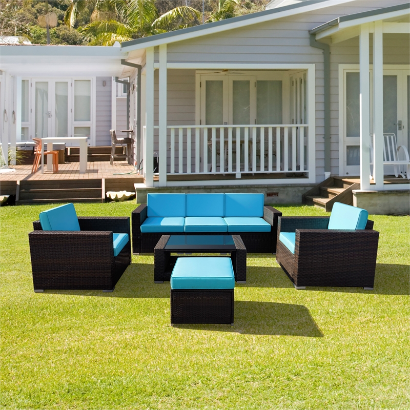 7PC Brown Wicker Seating Set With Turquoise Cushions