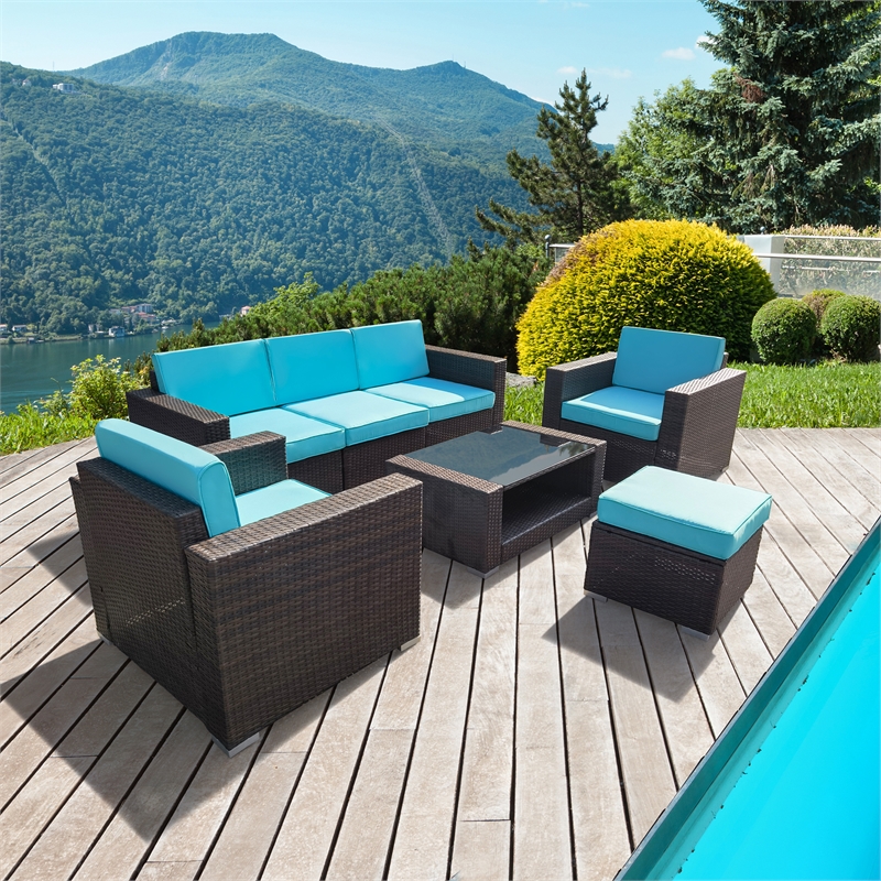7PC Brown Wicker Seating Set With Turquoise Cushions