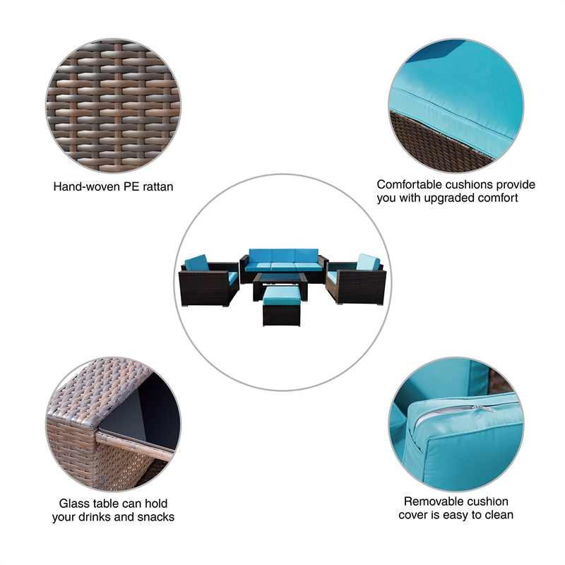 7PC Brown Wicker Seating Set With Turquoise Cushions