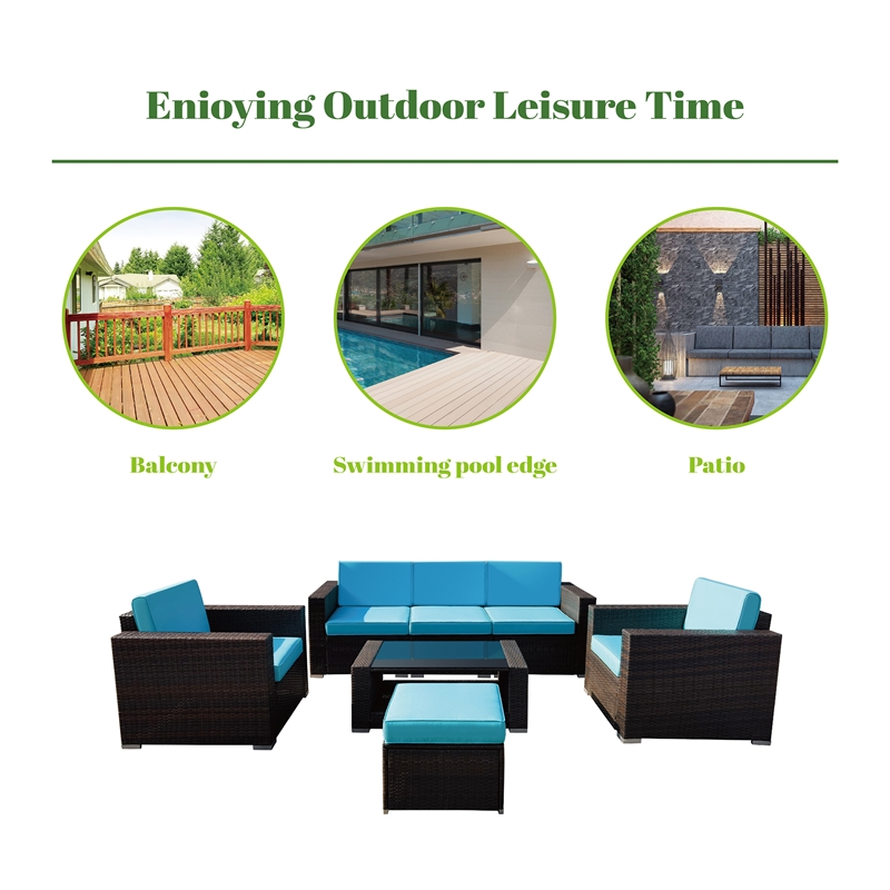 7PC Brown Wicker Seating Set With Turquoise Cushions