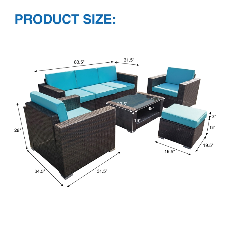 7PC Brown Wicker Seating Set With Turquoise Cushions