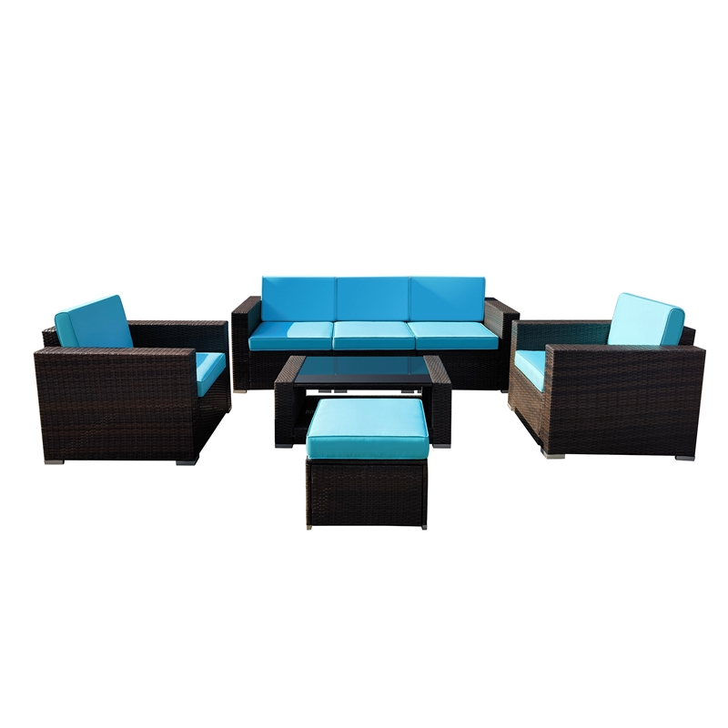 7PC Brown Wicker Seating Set With Turquoise Cushions