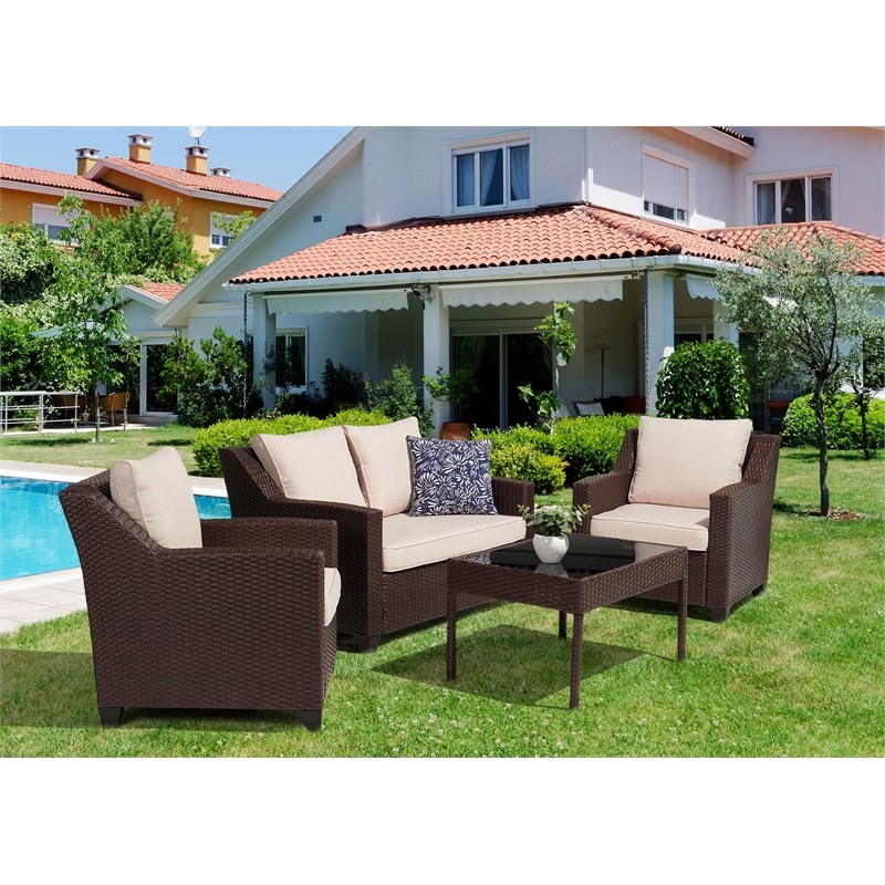 Caoimhe 4 PC Espresso Resin Wicker  Conversation Set with Tan Cushion