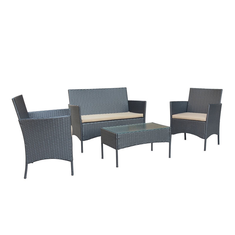 Aoife 4PC Steel Black Resin Wicker Patio Conversation Set with Tan cushion