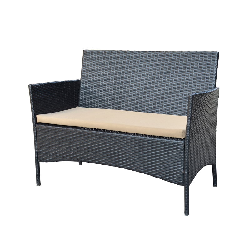Aoife 4PC Steel Black Resin Wicker Patio Conversation Set with Tan cushion