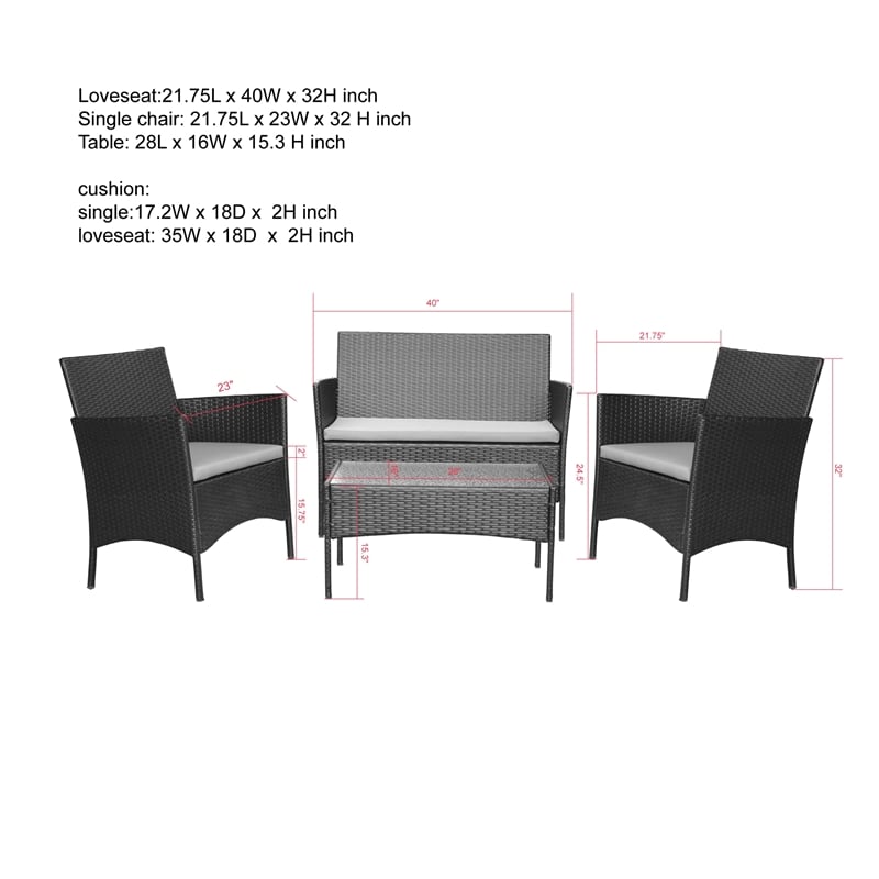 Aoife 4PC Steel Black Resin Wicker Patio Conversation Set with Tan cushion