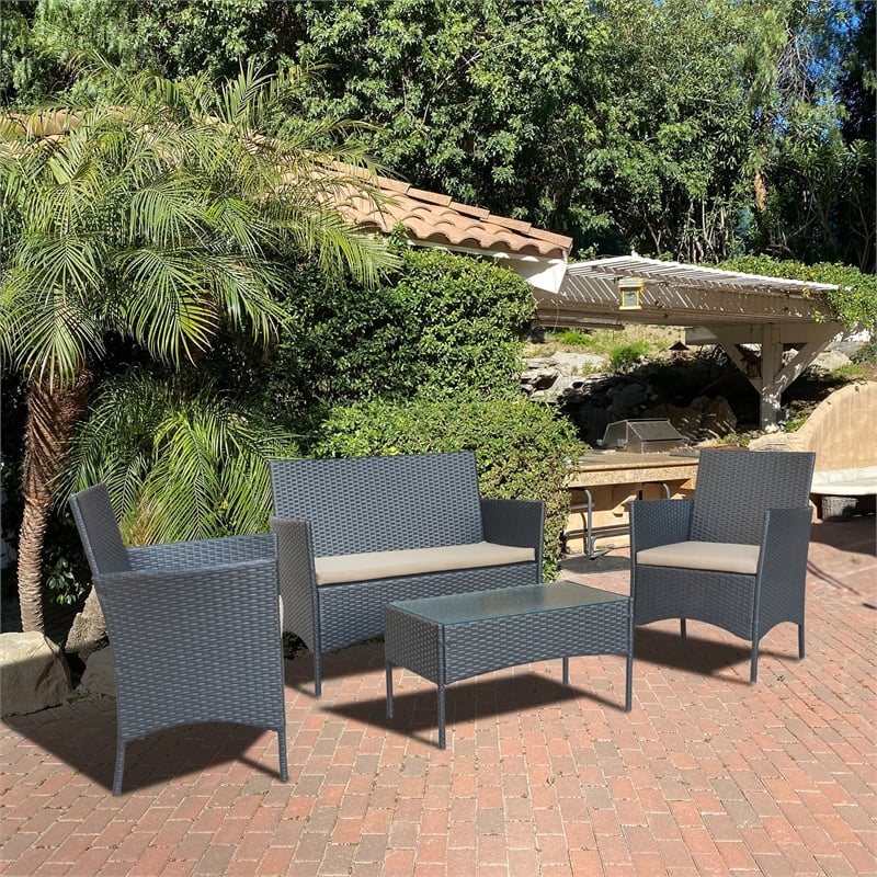 Aoife 4PC Steel Black Resin Wicker Patio Conversation Set with Tan cushion