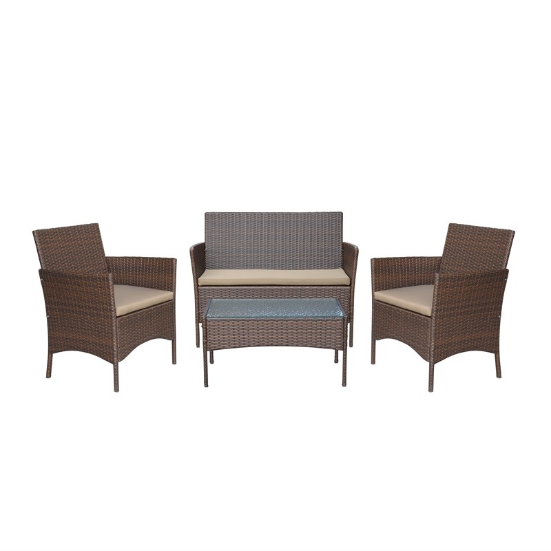 Conor 4PC Steel Esprsso Resin Wicker Patio Conversation Set with Tan cushion