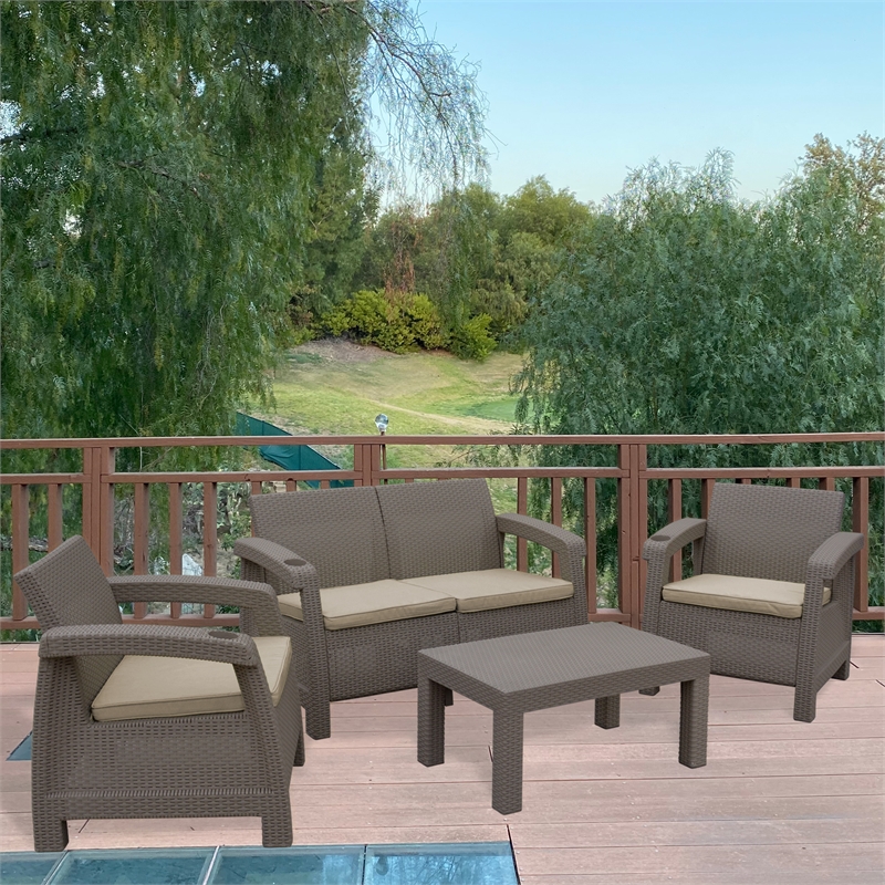 Ourea 4PC Espresso Conversation Patio Set with Tan Cushion
