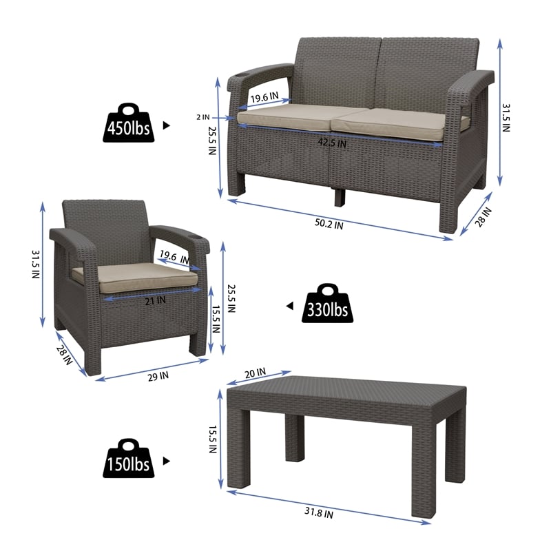 Ourea 4PC Espresso Conversation Patio Set with Tan Cushion