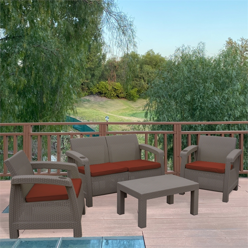 Ourea 4PC Espresso Conversation Patio Set with  Brick Red Cushion