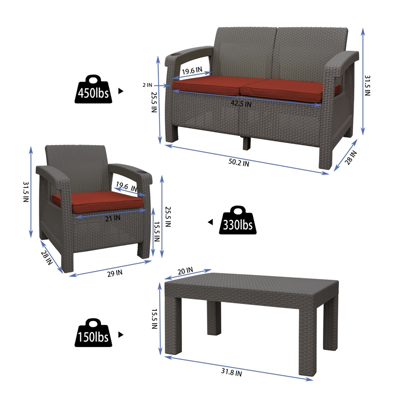 Ourea 4PC Espresso Conversation Patio Set with  Brick Red Cushion
