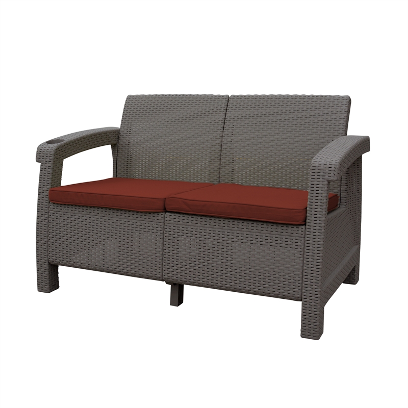 Ourea 4PC Espresso Conversation Patio Set with  Brick Red Cushion