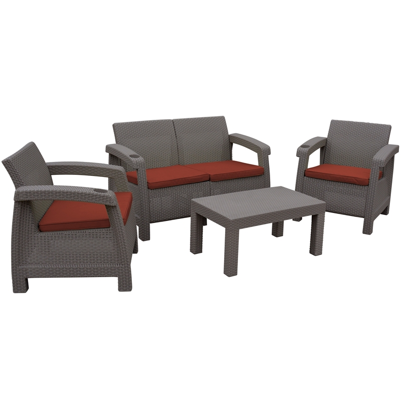 Ourea 4PC Espresso Conversation Patio Set with  Brick Red Cushion