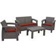 Ourea 4PC Espresso Conversation Patio Set with  Brick Red Cushion