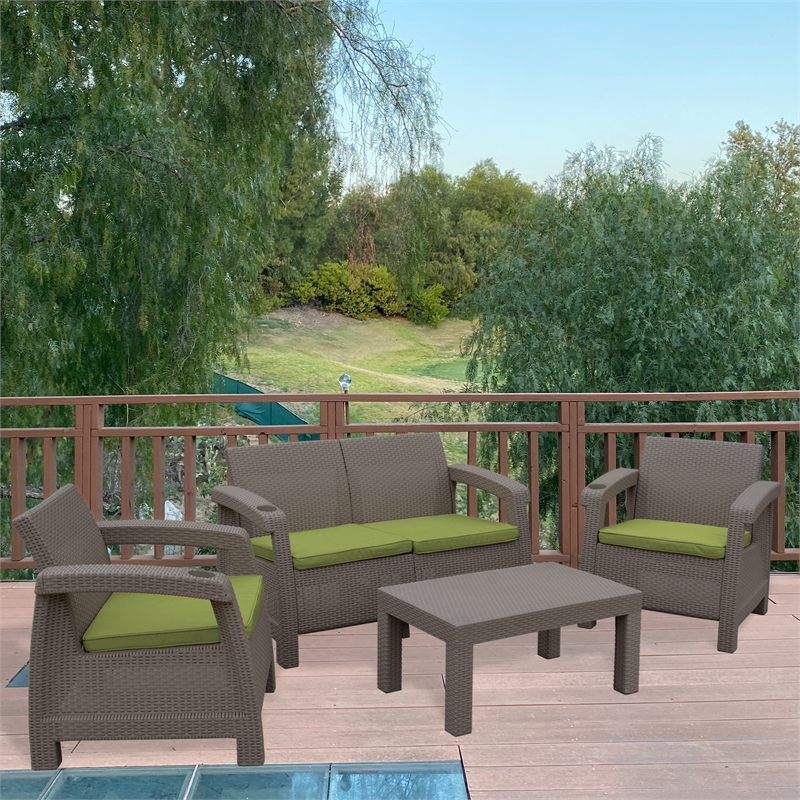 Ourea 4PC Espresso Conversation Patio Set with Sage Green Cushion