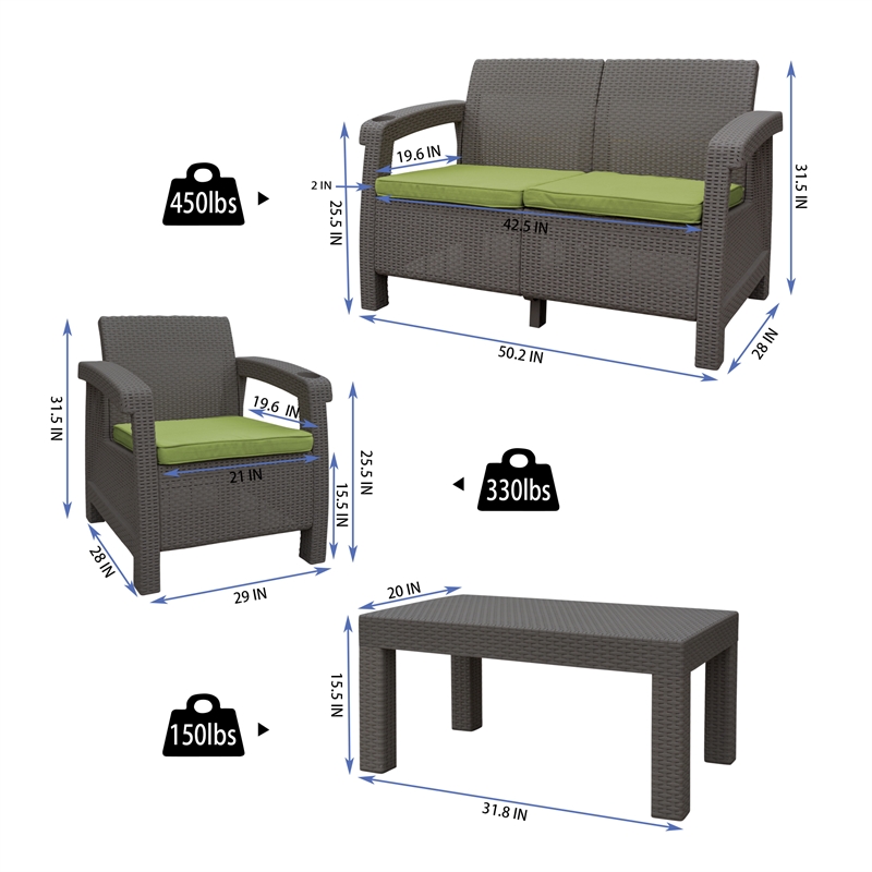 Ourea 4PC Espresso Conversation Patio Set with Sage Green Cushion