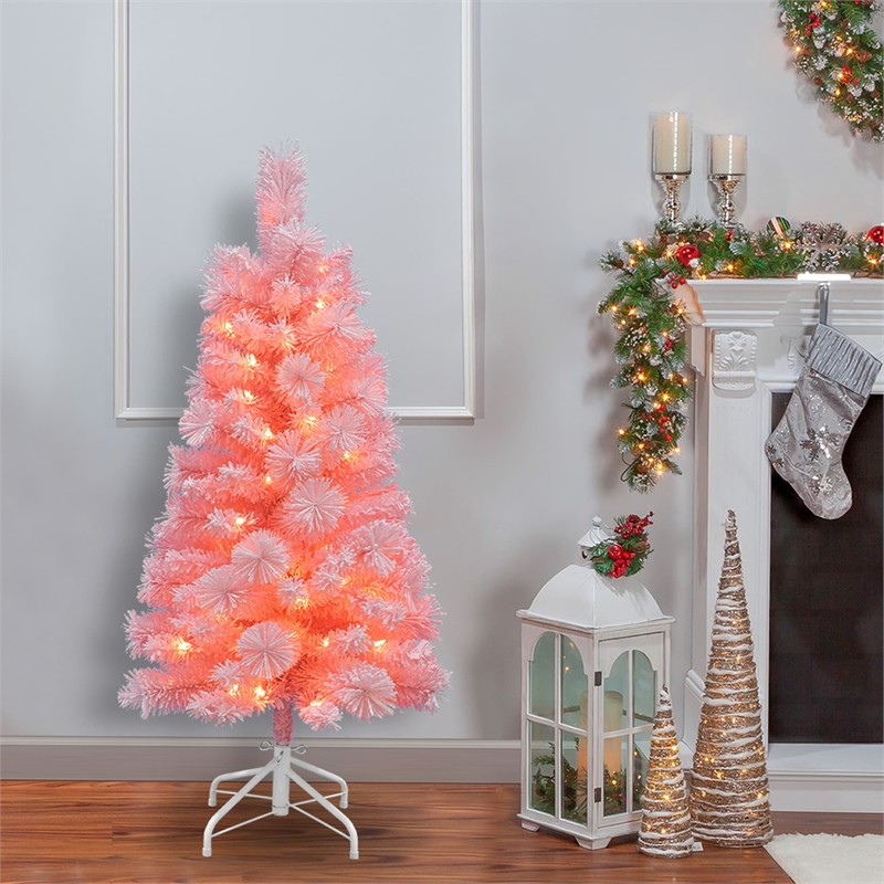 4Ft Pre-Lit Flocked Pink Tree