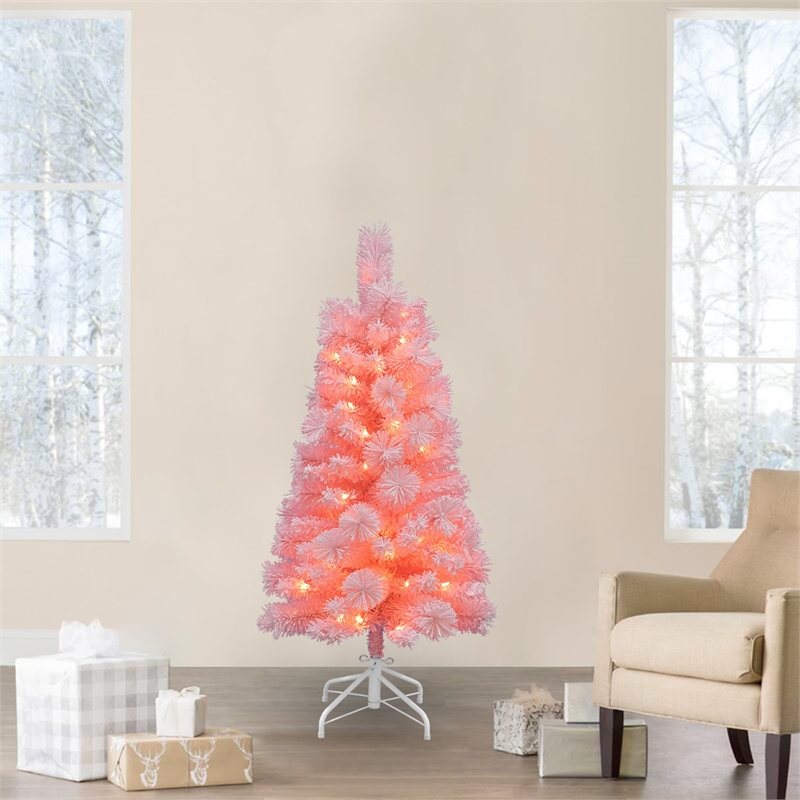 4Ft Pre-Lit Flocked Pink Tree