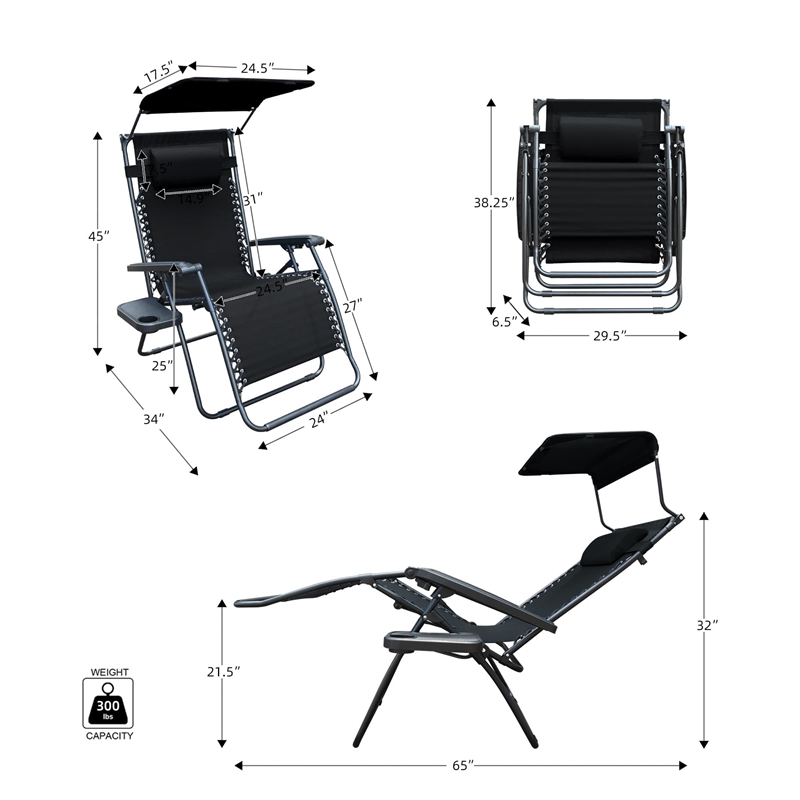 Jeco Oversized Zero Gravity Chair in Black (Set of 2)