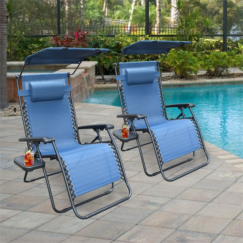 Jeco Zero Gravity Chair with Sunshade and Tray in Blue (Set of 2 Chairs)