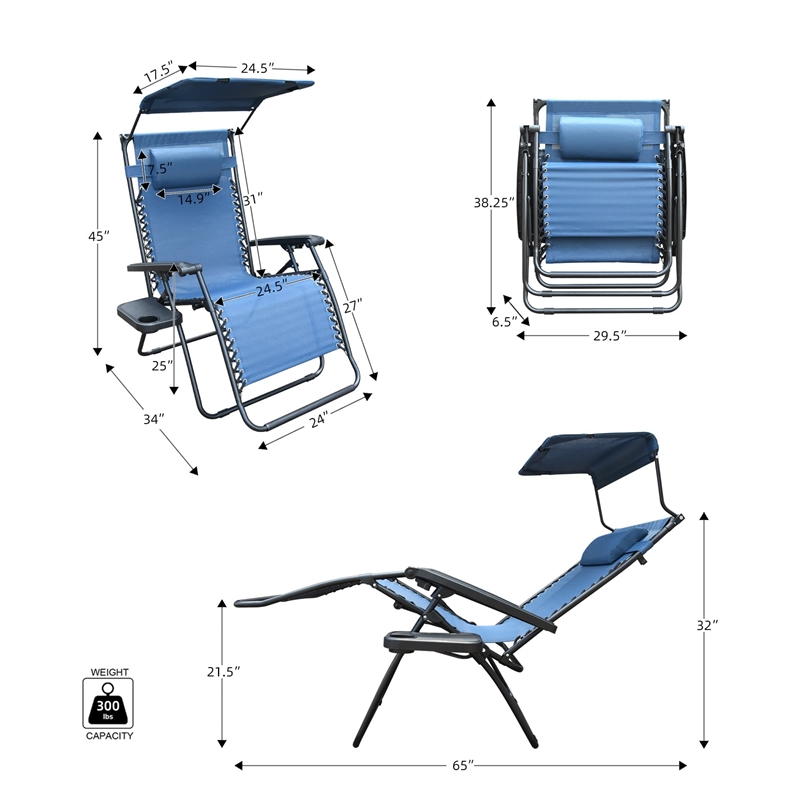 Jeco Zero Gravity Chair with Sunshade and Tray in Blue (Set of 2 Chairs)