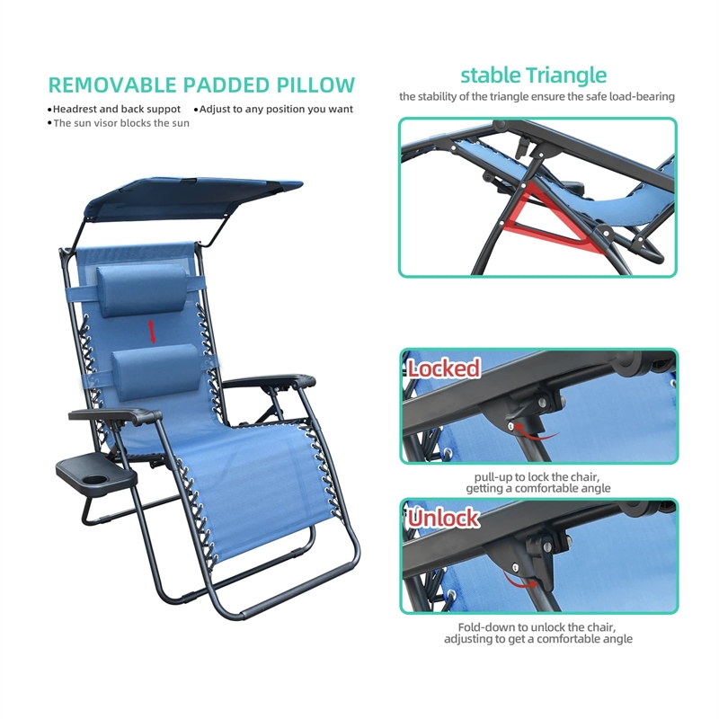 Jeco Zero Gravity Chair with Sunshade and Tray in Blue (Set of 2 Chairs)