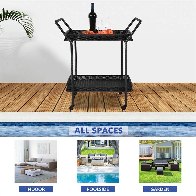 Jeco Wicker Patio Serving Cart in Black